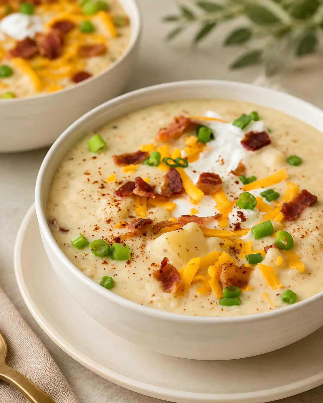 A bowl of creamy loaded potato soup prepared for a Magnolia guest